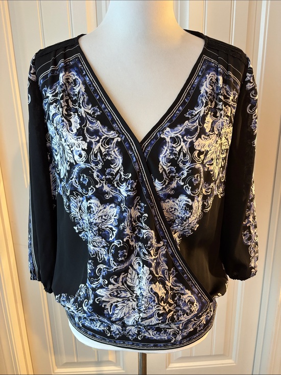 White House Black Market Tops - White House Black Market Black Wrap Blouse with Blue and White Scroll Print